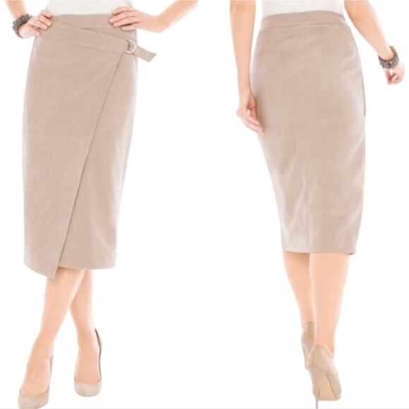 Chico’s Black Label Vegan Suede Midi Chateau Taupe Wrap Skirt Size 2.5‎ Petite - Picture 1 of 12